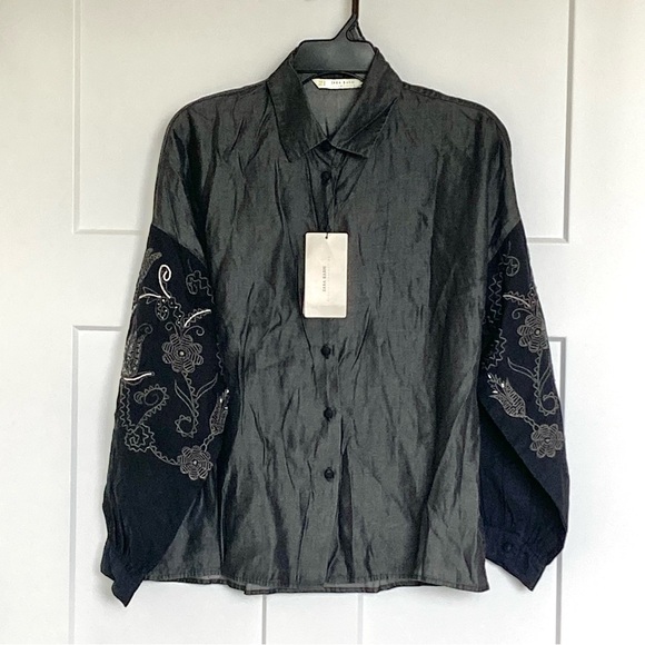 Zara Tops - ZARA embroidery blouse, new, dark grey and black long sleeves